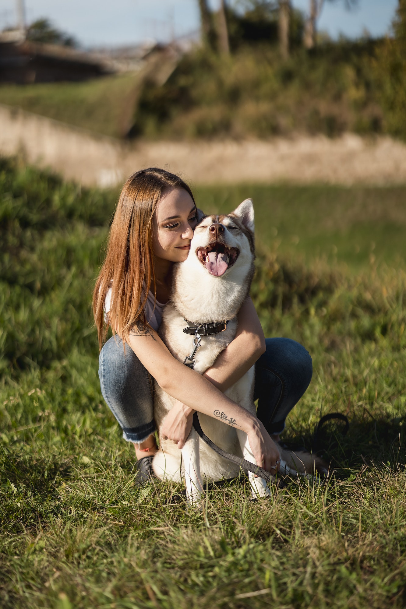 Happy young woman hugging her dog on a meadow